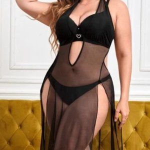 Size 3X or 4X - Plus Split Thigh Mesh Dress With Thong